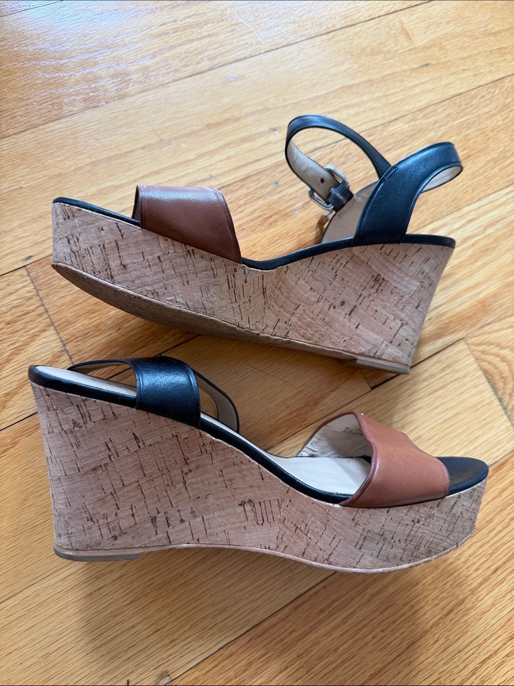 Coach Two-Tone Brown & Black Leather Wedge Sandals - Picture 2 of 5